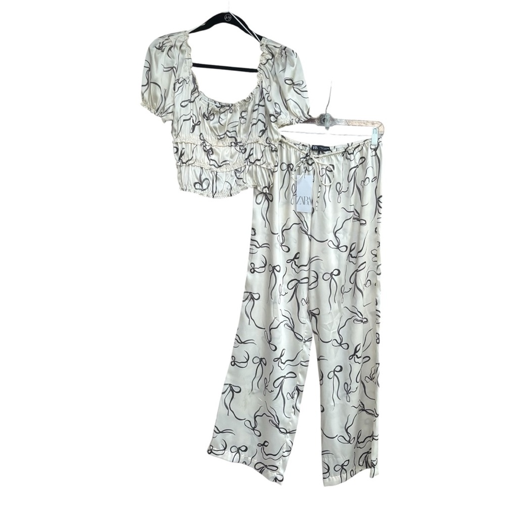 ZARA NWT Cream Coord Set Bows Coquette Romantic Size Medium Crop Top Pants FLAW*